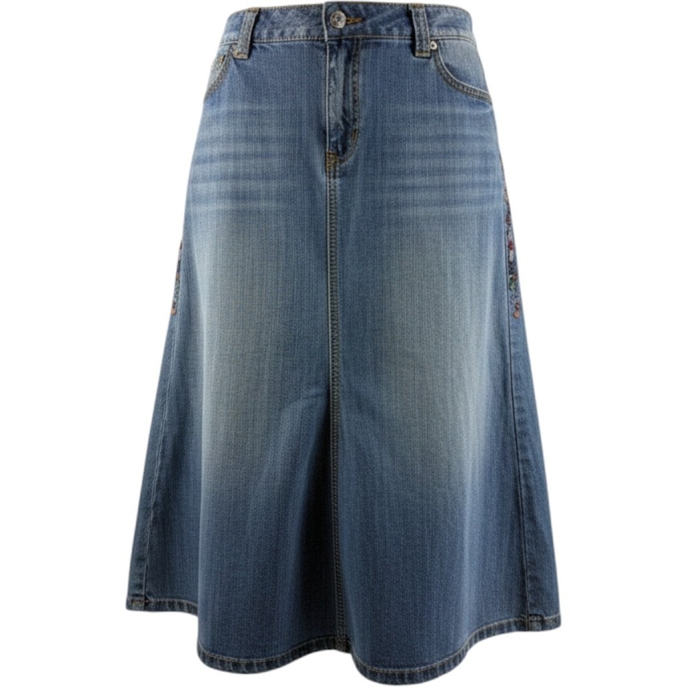 VTG Y2K Tommy Hilfiger Embroidered Beaded Denim Midi Skirt 2006 Boho Size 14